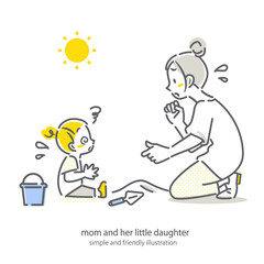 外遊び中に熱中症にかかった子供を心配するお母さん　シンプルでお洒落な線画イラスト