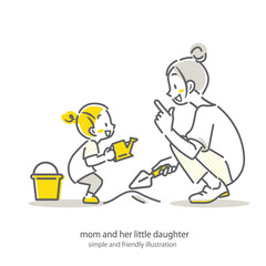 砂場で一緒に遊ぶお母さんと女の子　シンプルでお洒落な線画イラスト