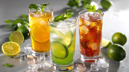 Fototapeta premium Colorful summer cocktails on a white background with shadows and highlights,Glasses Of Drink With Ice Cubes And Fruits On White Background