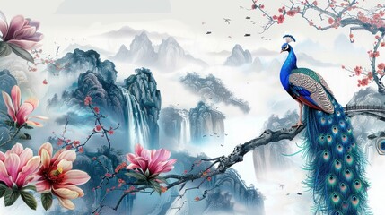 3D peacock sitting on a magnolia tree branch wallpaper