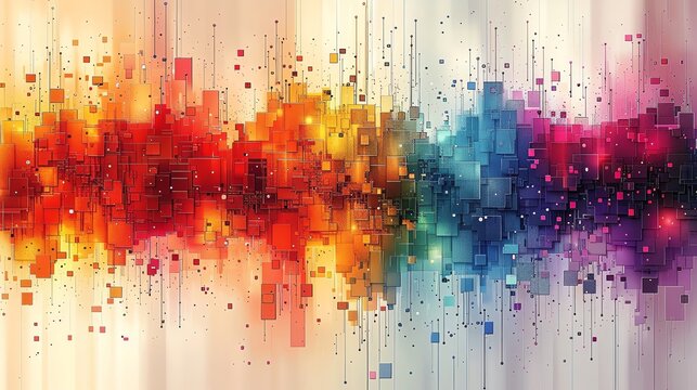 Abstract digital grid pattern composed of colorful pixel blocks, creating a rainbow color effect