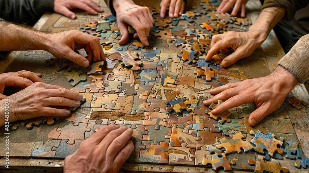 Poster multiple hands assembling a colorful jigsaw puzzle on a wooden surface, teamwork concept. generative