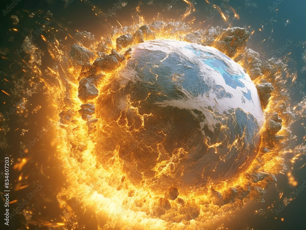 Poster a fiery explosion engulfing the earth, digital art on a space background, depicting an apocalyptic c