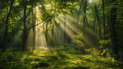 Obraz premium A lush green forest with sunlight filtering through trees creates a magical, hopeful ambiance.