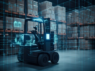 Naklejka premium Futuristic Autonomous Forklift Drives on the Warehouse with Sensors Scanning Surrounding.