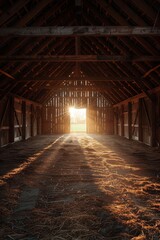 Morning sunlight illuminates the interior of a barn.