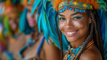 Fototapeta premium A joyful carnival dancer wearing a colorful costume with blue feathers and headdress