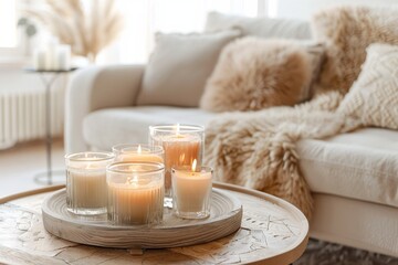 A cozy living room with candles on the coffee table, creating an inviting atmosphere.