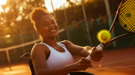 Female black tennis player in action during golden hour. Disabled tennis player sitting in a wheelchair playing tennis. Disability and inclusion in sport. Paralympics training in ethnic minority group