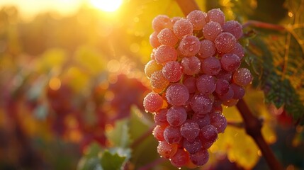 A close-up of a dew-covered grape cluster with a sunrise in a vineyard backdrop