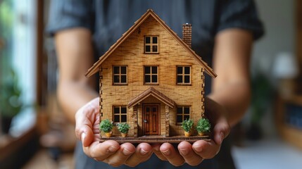 Hand holding a detailed miniature wooden house model with plants and decorations, symbolizing homeownership, real estate, and craftsmanship.