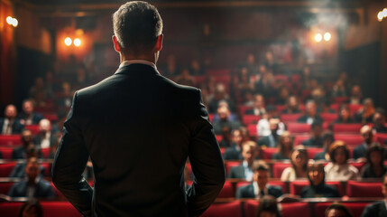 A man in a suit standing before an audience in a theater, warm lighting on a blurred background, a concept of leadership. Generative AI