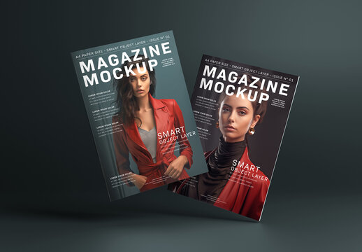 2 Floating Magazine Covers on Black Background Mockup