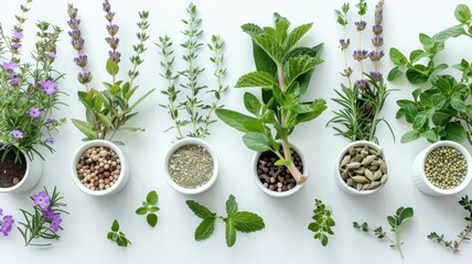 Fototapeta premium AI-generated illustration of White bowls of herbs with individual flower pots on a white surface