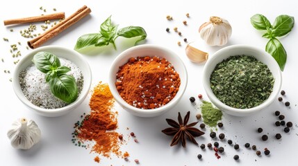 spices and herbs on white surface with spices and herbs around them