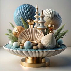 3D Render of a Seashell and Clam Coastal Table Centerpiece, on isolated white background, Generative AI