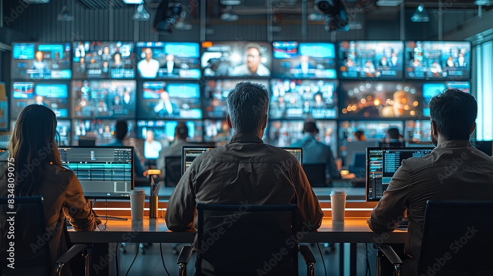 Wall mural individuals at a control desk with multiple screens indicate a live broadcast operation