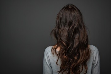 Fototapeta premium Gorgeous woman with brown waves in studio, seen from behind on dark grey backdrop