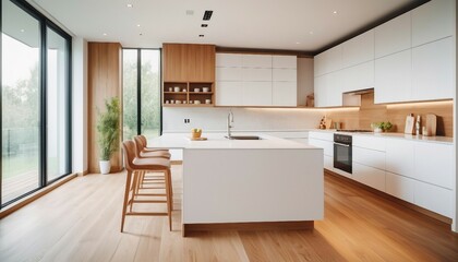 Kitchen interior in beautiful new luxury home with kitchen island and wooden floor, 
