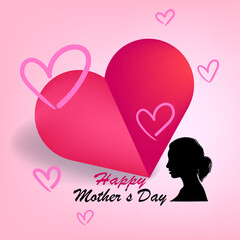 Mother's day greeting card vector background design. Festive mom postcard with pink hearts icon symbol of love mom and child.