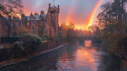 A picturesque sunset casts warm light on historic buildings lining a tranquil canal with a bridge