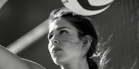 Female volleyball player focused on the ball, captured in a dramatic black and white close-up, with the net in the background