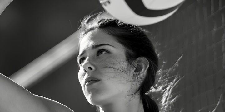 Female volleyball player focused on the ball, captured in a dramatic black and white close-up, with the net in the background