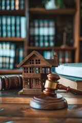 Close up of miniature house and gavel on table. The scene captures the concept of real estate law or home slightly worn out.
