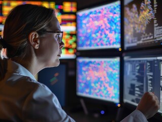 Researchers are deeply involved in the analysis of advanced data visualizations displayed on multiple screens.