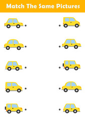 Picture Matching Worksheet for Preschool. Educational activity with cute yellow car illustration. Educational fun game for children.