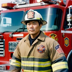 Portrait of a male firefighter in full uniform, standing in front of a fire truck 

