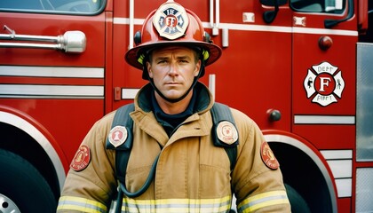 Portrait of a male firefighter in full uniform, standing in front of a fire truck 

