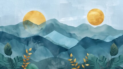 Abstract mountain range with golden sun, blue sky wallpaper