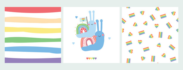 Gay Pride or LGBT Happy Pride Month. Diverse set of vector cartoon illustration cards. LGBTQ Rainbow Motifs. Design for decor. Snails and seamless pattern.