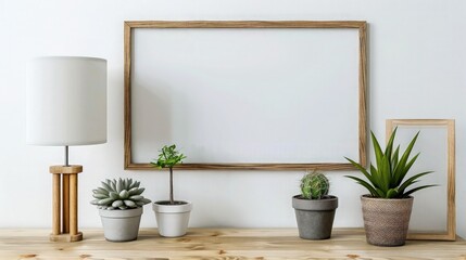 Fototapeta premium Large horizontal wooden frame sits on a wooden surface with a modern desk lamp and various potted cactus plants against a plain white wall.