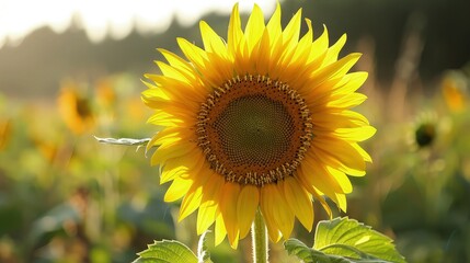 Fototapeta premium A bright yellow sunflower stands tall in a blooming field at sunset to serve as a vibrant backdrop for nature and agriculture marketing.