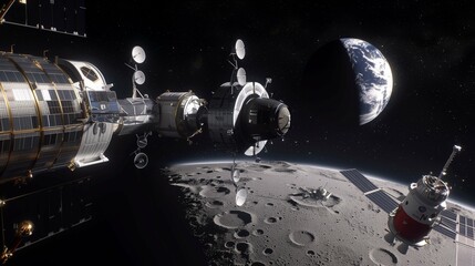 Engineers Working on the Lunar Gateway Station with Earth Visible in Distance, Highlighting Construction of Next Lunar Outpost for Space Exploration and Research