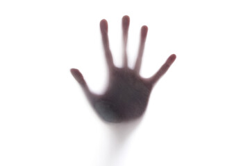 Hand, frosted glass and shadow with window, silhouette and fog for mystery or horror. Ghost, Halloween and trapped person for help and paranormal activity, spooky and strange or creepy figure