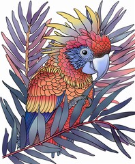 Vibrant cockatoo parrot with colorful feathers amidst dense jungle foliage