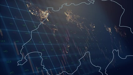 Cg footage from the territory of Swiss with a fill from the flag against the backdrop of moving financial and economic graphs and charts against the backdrop of a world map - Powered by Adobe