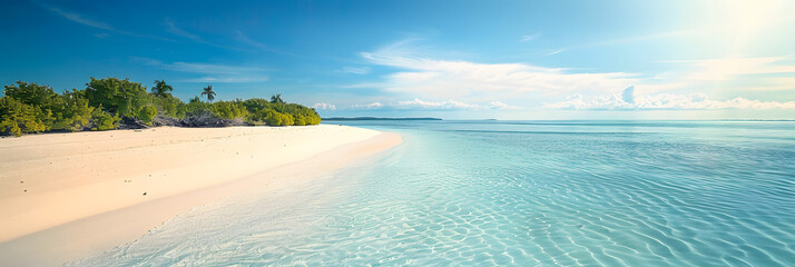 Obraz premium Sand spit of a tropical island stretching into the distance. Beautiful sunny summer landscape with white sand beach.