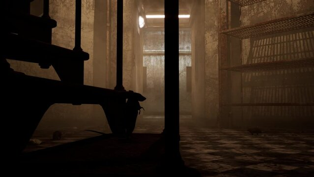 a dystopian destroyed ruined interior, with debris and rats on the floor and staircase, 3D animation, animated scene, camera dolly right.