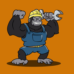 Angry gorilla with helmet holding wrench Vector cartoon