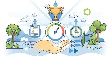 Performance management and efficiency improvement outline hands concept. Successful business goals reach with milestone achievements vector illustration. Productivity boost with time management.