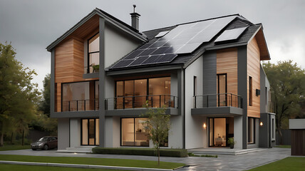 Fototapeta premium A Modern family house with solar panels on roof in a rainy day 
