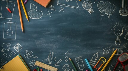 Chalkboard backdrop featuring sketchy hand-drawn school supplies, including pens, notebooks, and rulers. 
