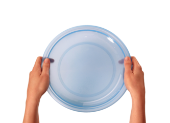Hand holding empty dish isolated on transparent layered background.