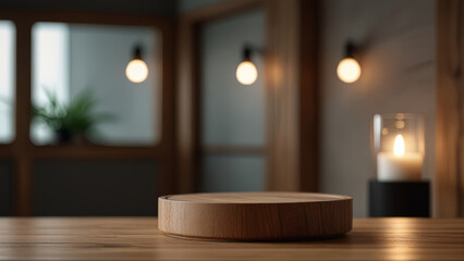 Fototapeta premium Light wooden empty round podium on a countertop on a blurred background of the modern bathroom or living room with house plants. Scene stage showcase for beauty and spa products