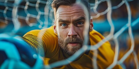 Focused soccer goalkeeper in action, intensely watching the ball, during a high-stakes match, behind the net in a vibrant stadium.
