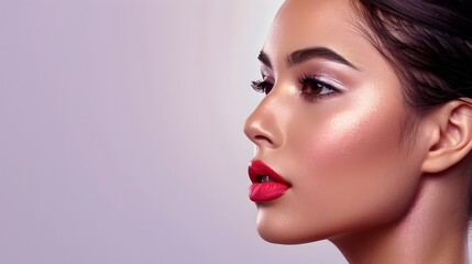 Fototapeta premium Peruvian Beauty Radiant Model Showcases Vibrant Decorative Cosmetics in Elegant Advertising Banner